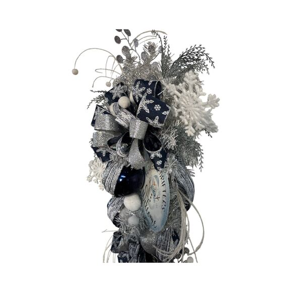 Luxe Winter Midnight Navy Blue Gray Silver Winter Teardrop Swag Wreath - Picture 2 of 5